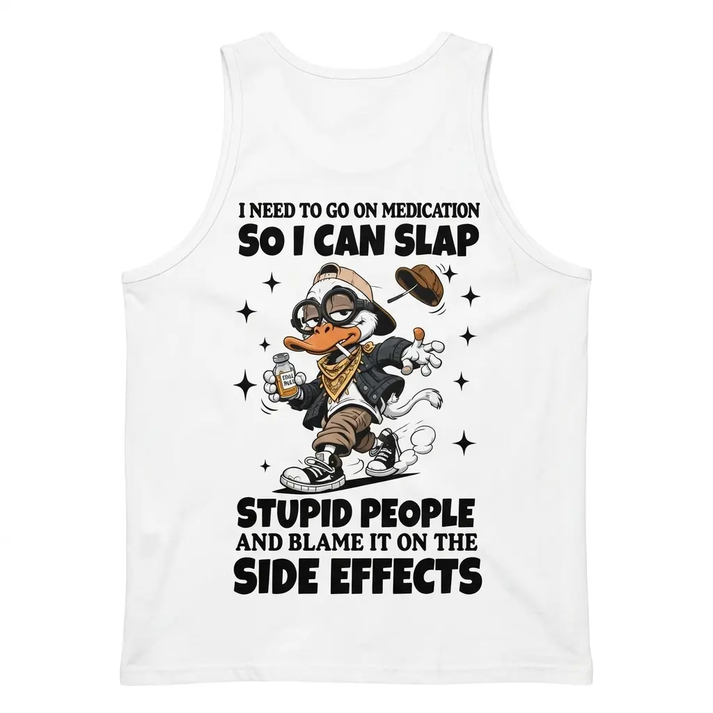 Funny Stupid People Side Effects T-Shirt 3 Back flatlay of a tank top showing the stupid people side effects quote and illustrated duck design