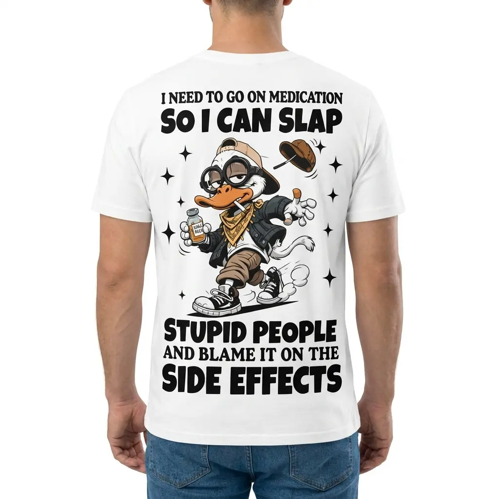 Funny Stupid People Side Effects T-Shirt 4 Back view on a male model wearing the funny stupid people shirt with large quote graphic on the back
