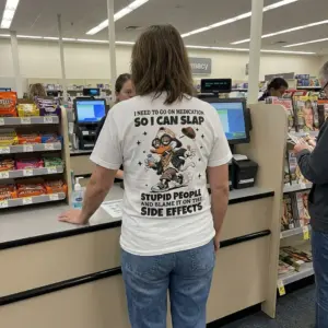 Funny Stupid People Side Effects T-Shirt 11 Lifestyle view of the funny side effects shirt design featuring bold lettering and a cartoon duck graphic