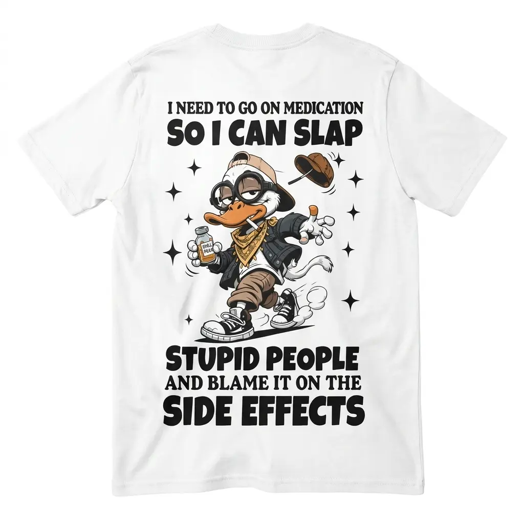 Funny Stupid People Side Effects T-Shirt 1 Back flatlay of a white stupid people shirt with bold black text and a cartoon duck medication graphic