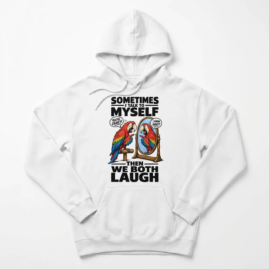 Funny Talking Parrot Mirror T-Shirt 2 Front flat lay of a hoodie printed with a colorful parrot talking to its mirror reflection and the phrase 'Then we both laugh'.