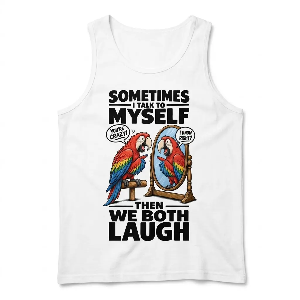 Funny Talking Parrot Mirror T-Shirt 3 Front flat lay of a tank top displaying a cartoon parrot talking to itself in a standing mirror under bold text.