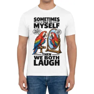 Funny Talking Parrot Mirror T-Shirt 9 Front view of a man wearing the funny parrot shirt featuring a macaw talking to its reflection in a wooden mirror.