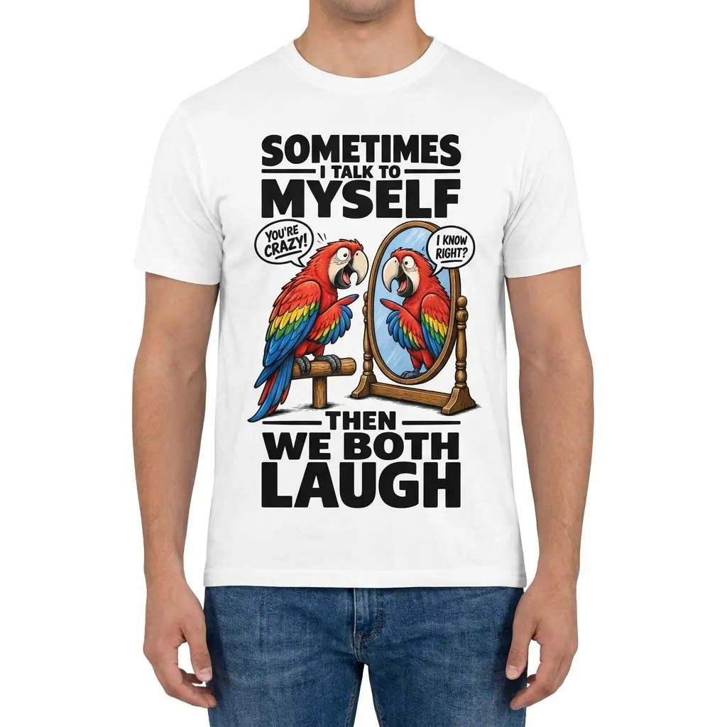 Funny Talking Parrot Mirror T-Shirt 4 Front view of a man wearing the funny parrot shirt featuring a macaw talking to its reflection in a wooden mirror.