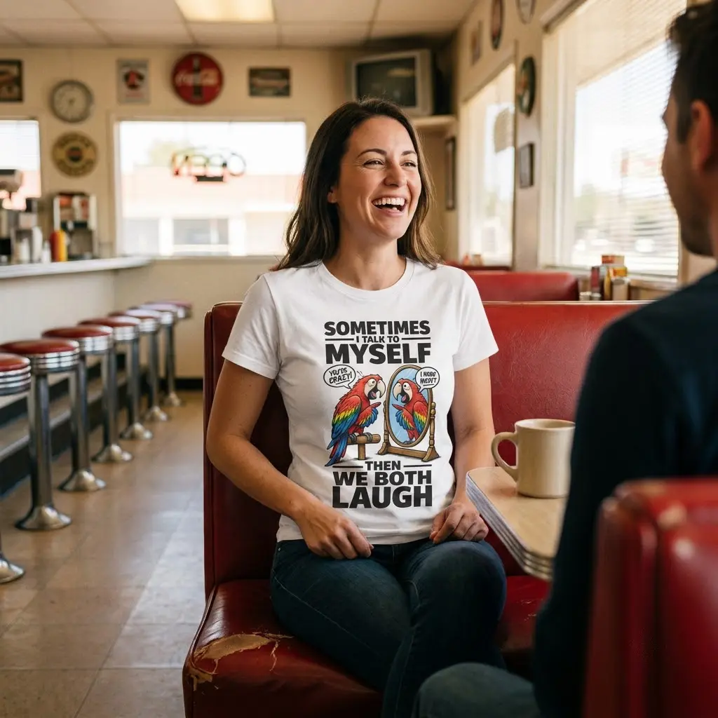 Funny Talking Parrot Mirror T-Shirt 6 Detailed view of the funny parrot design with text reading 'Sometimes I talk to myself, then we both laugh'.