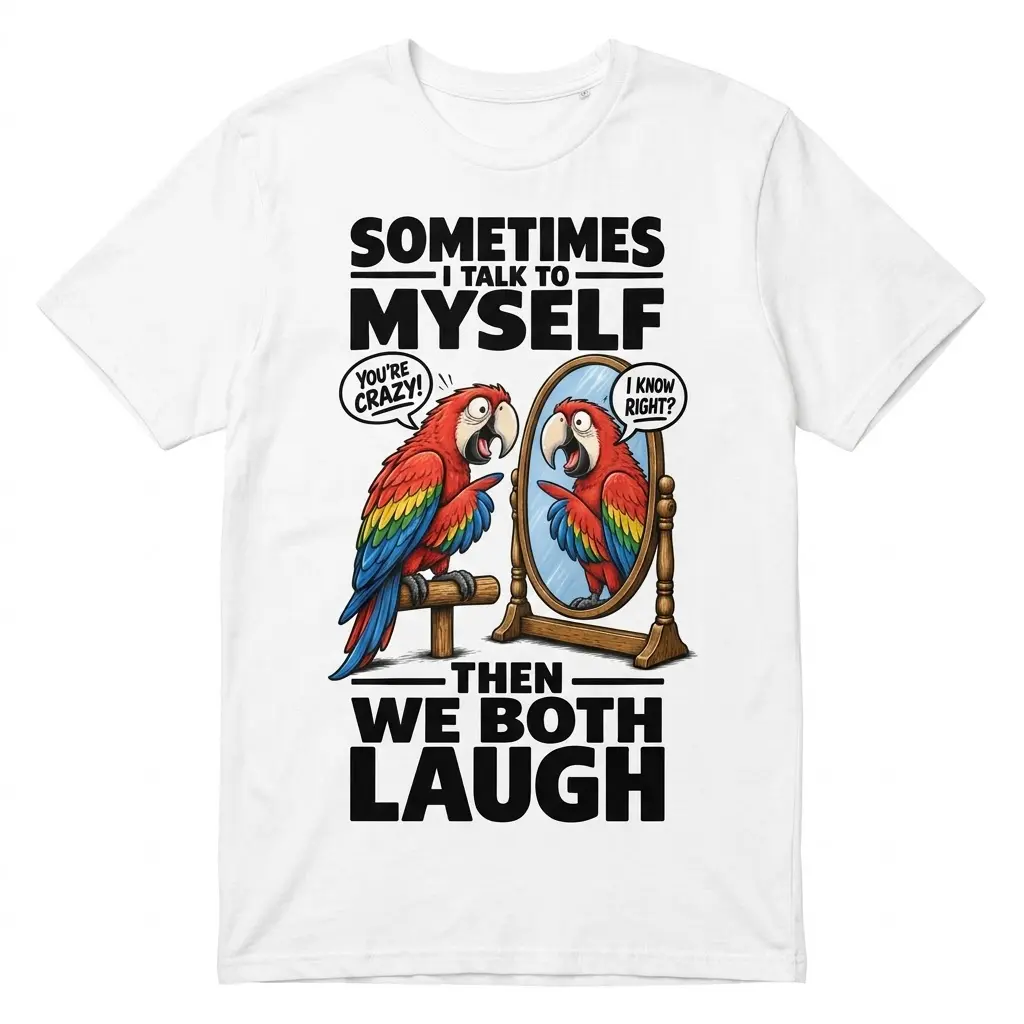 Funny Talking Parrot Mirror T-Shirt 1 Front flat lay of a white t-shirt featuring a funny parrot talking to its reflection in a mirror with the text 'Sometimes I talk to myself'.