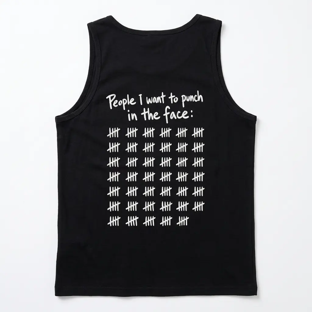 Back view of a tank top printed with the phrase “People I want to punch in the face” above rows of tally marks.