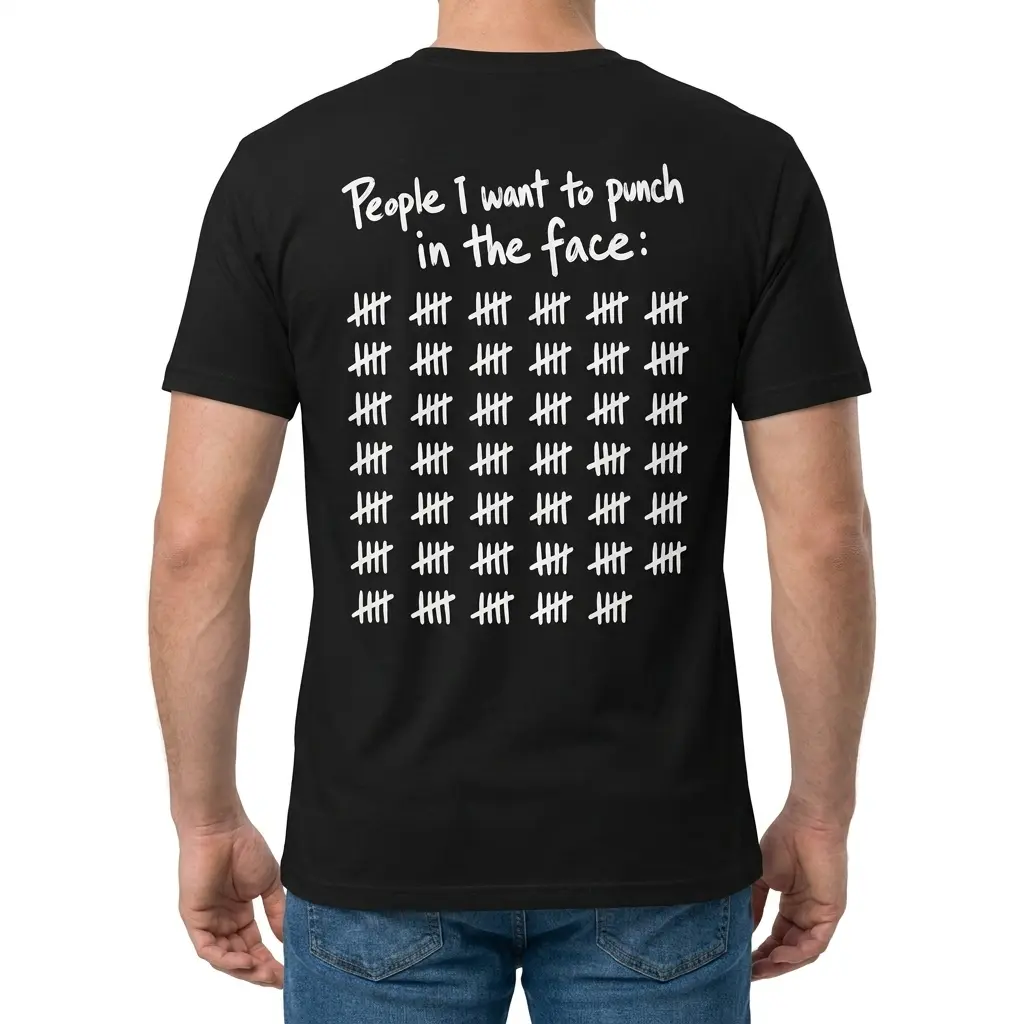 Man wearing the T-shirt from behind, showing its sarcastic phrase and repeated tally-mark design.