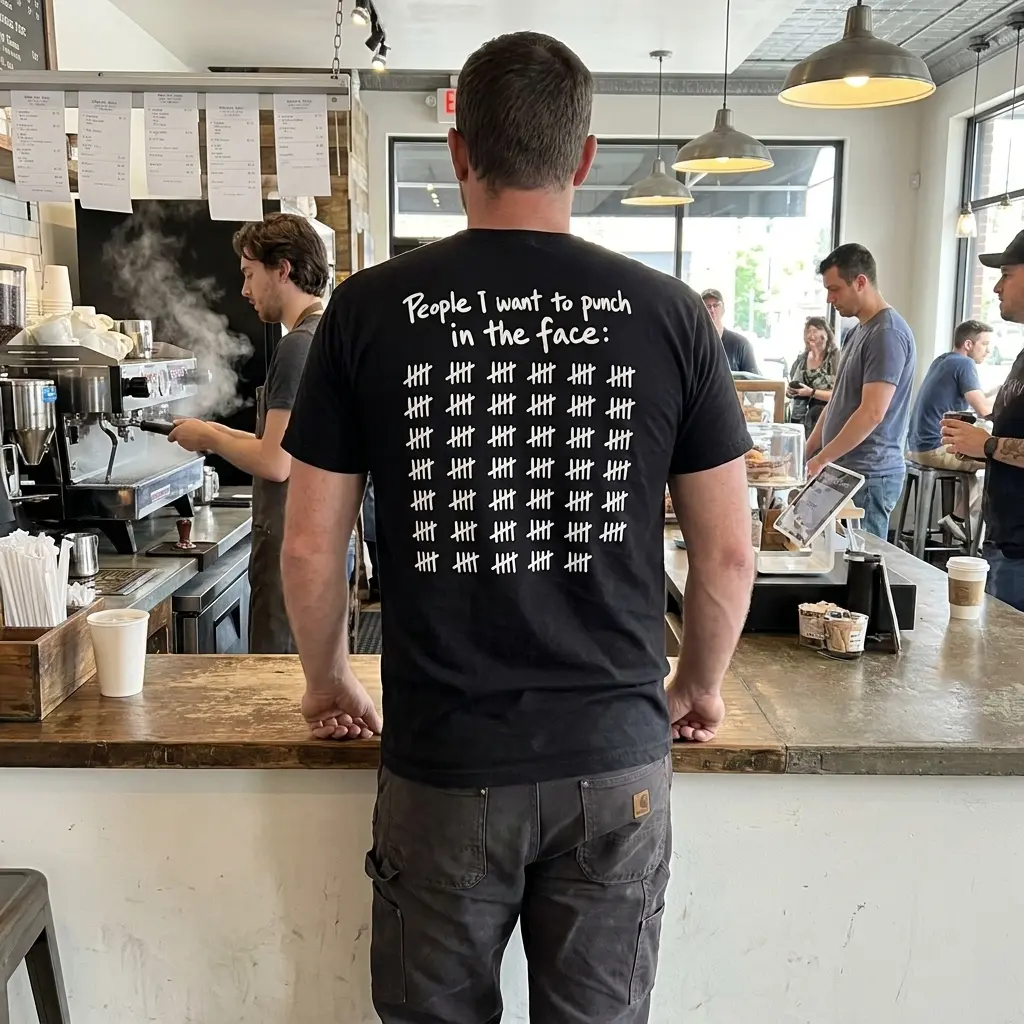 T-shirt lifestyle view featuring the phrase “People I want to punch in the face” and rows of tally marks.