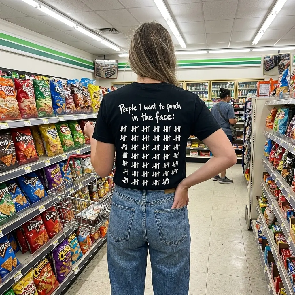 Sarcastic tally-mark graphic displayed on a T-shirt in a lifestyle view.