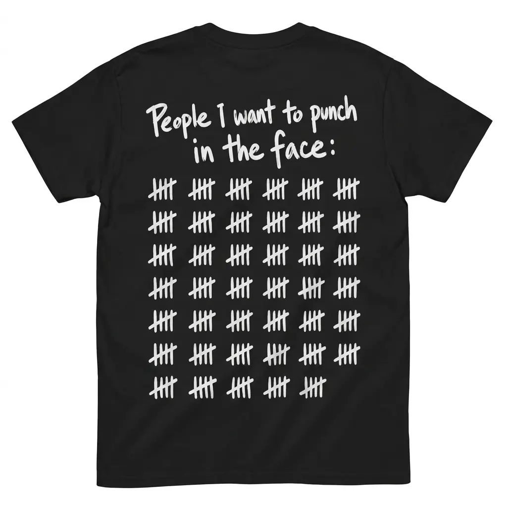 Back flatlay of a black T-shirt with the sarcastic phrase “People I want to punch in the face” above rows of tally marks.