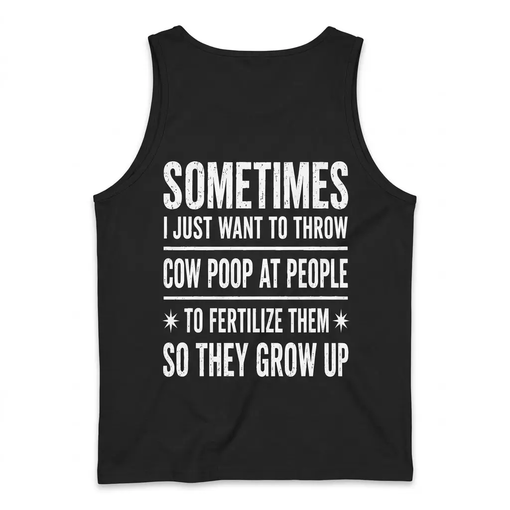 Funny Throw Cow Poop Sarcastic Farmer T-Shirt 3 Back flat lay of a tank top displaying the funny cow poop fertilizer text design.