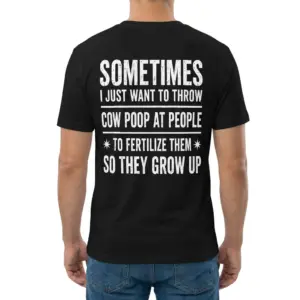 Funny Throw Cow Poop Sarcastic Farmer T-Shirt 9 Back view of a man wearing the sarcastic farmer shirt with the humorous text printed across the back.