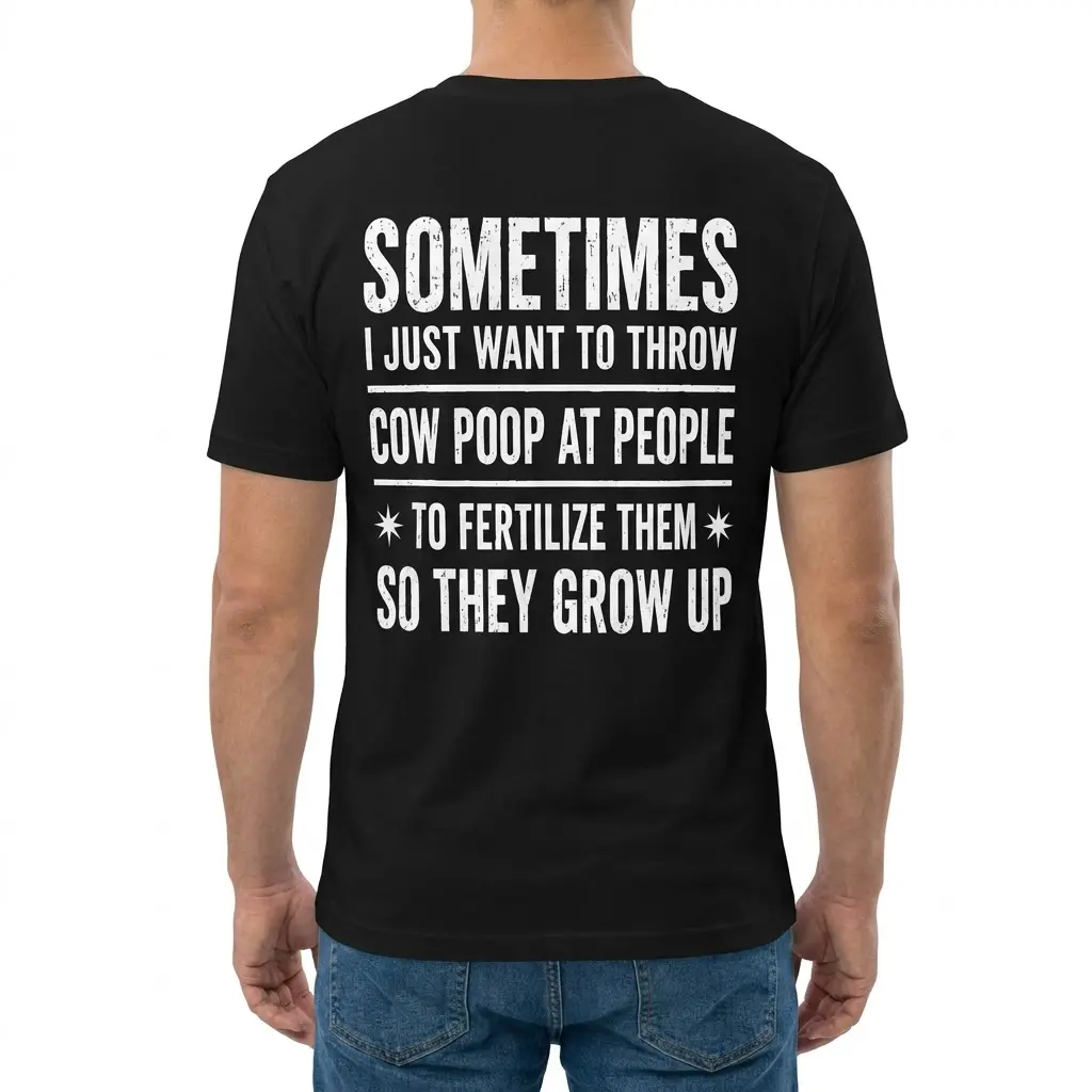 Funny Throw Cow Poop Sarcastic Farmer T-Shirt 4 Back view of a man wearing the sarcastic farmer shirt with the humorous text printed across the back.