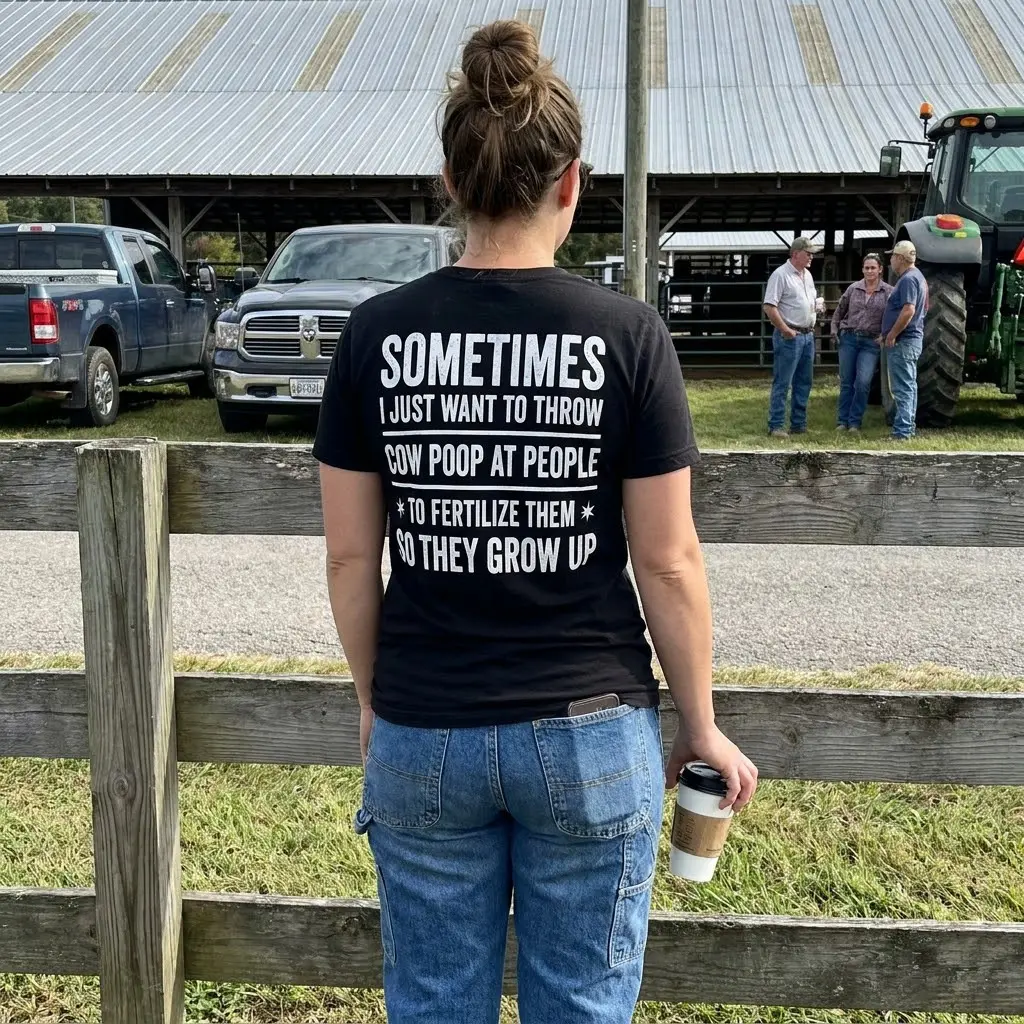 Funny Throw Cow Poop Sarcastic Farmer T-Shirt 6 Casual lifestyle display highlighting the funny cow poop quote graphic on the back of the shirt.