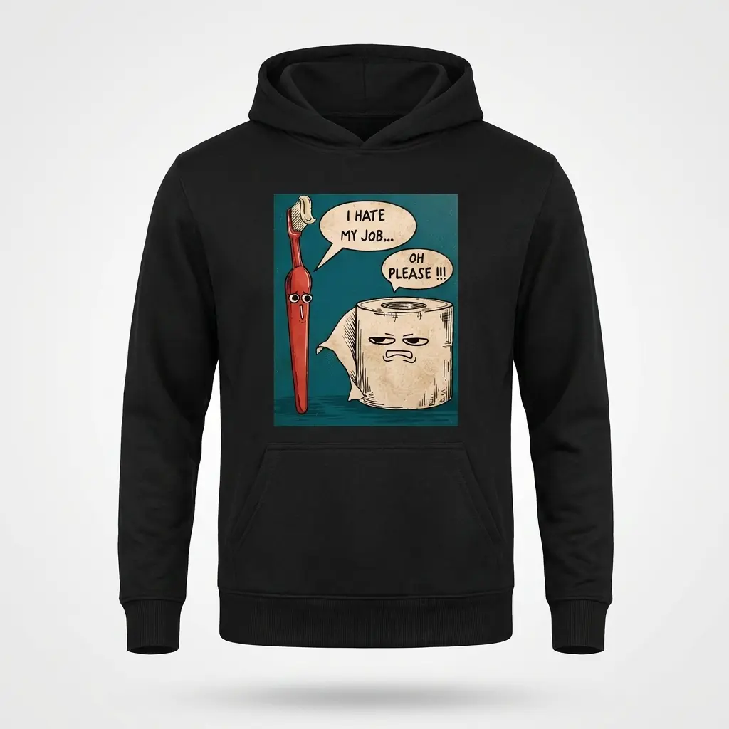 Funny Toothbrush and Toilet Paper I Hate My Job T-Shirt 2 Front view of a flat-lay hoodie printed with the funny toothbrush and toilet paper 'I Hate My Job' cartoon graphic.