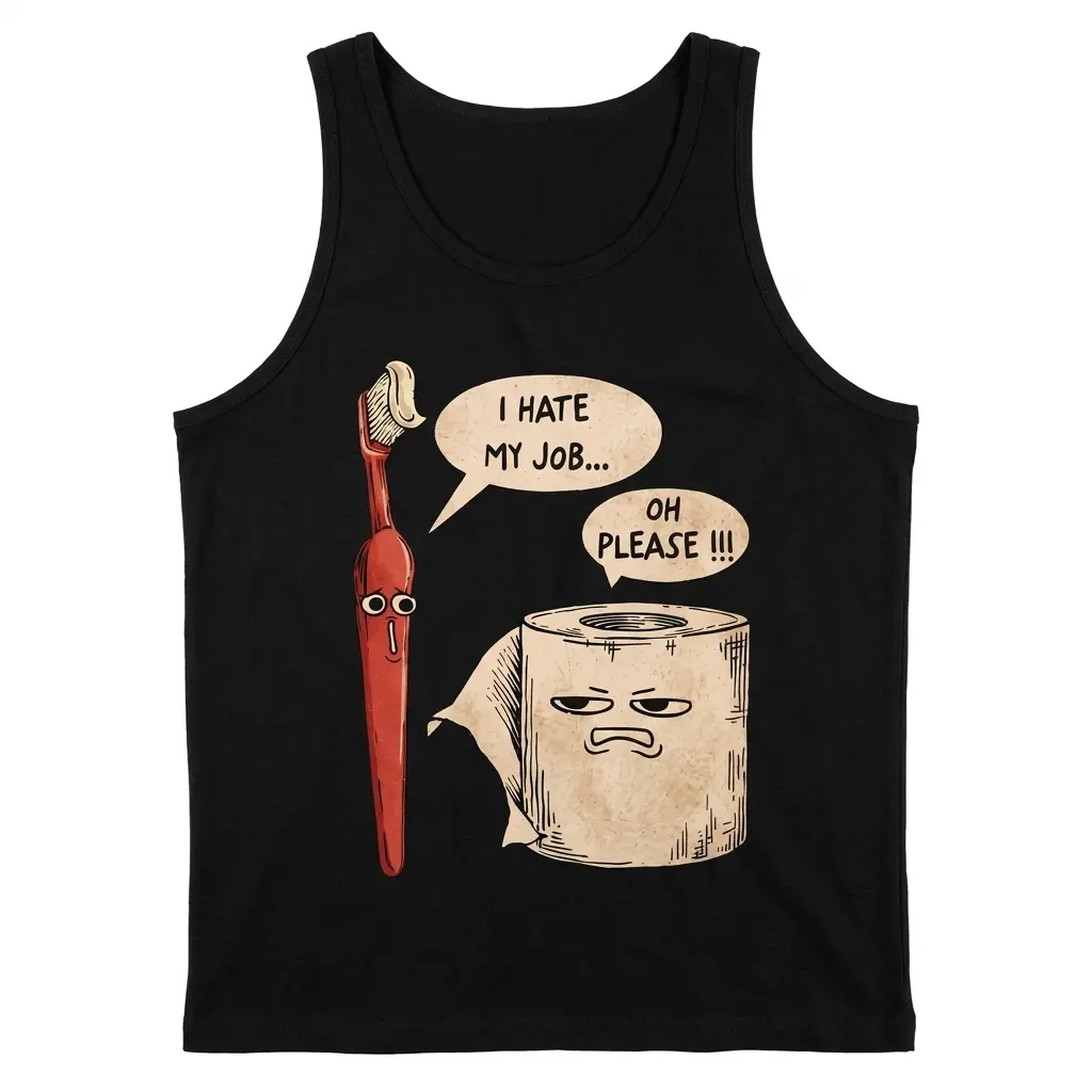 Funny Toothbrush and Toilet Paper I Hate My Job T-Shirt 3 Front flat-lay view of a tank top featuring the comical toothbrush and toilet paper illustration.