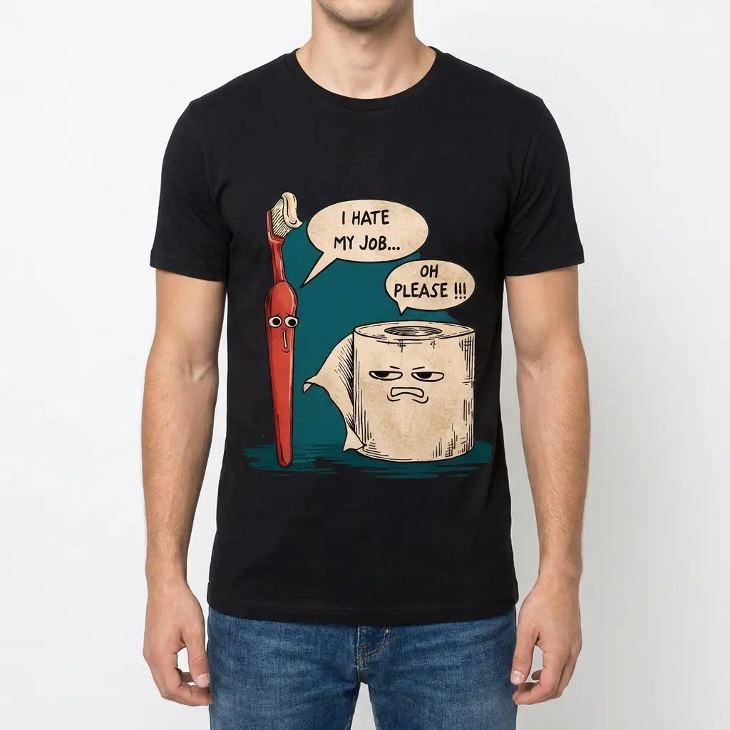 Funny Toothbrush and Toilet Paper I Hate My Job T-Shirt 4 Front view of a man wearing the black t-shirt printed with the humorous toothbrush and toilet paper graphic.