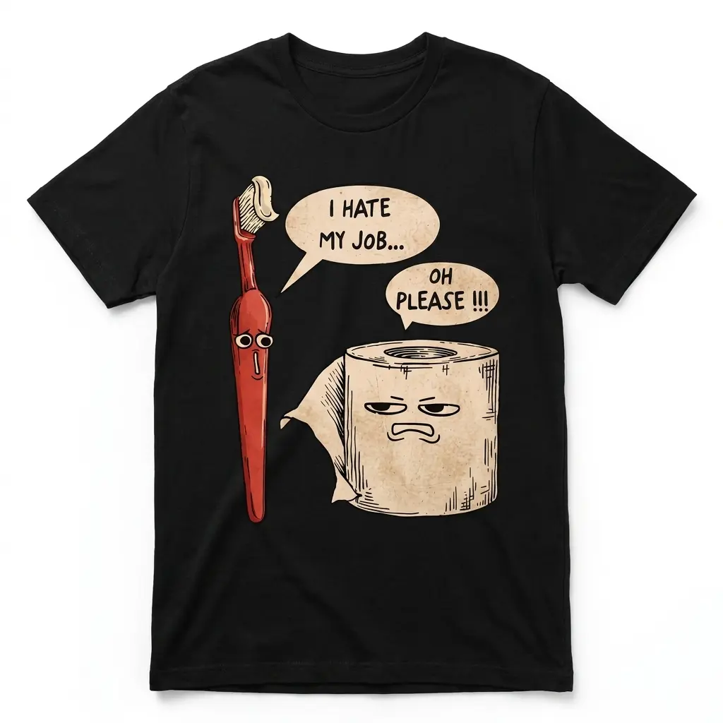 Funny Toothbrush and Toilet Paper I Hate My Job T-Shirt 1 Front flat lay of a black t-shirt with cartoon toothbrush saying 'I Hate My Job' and toilet paper roll saying 'Oh Please !!!'.