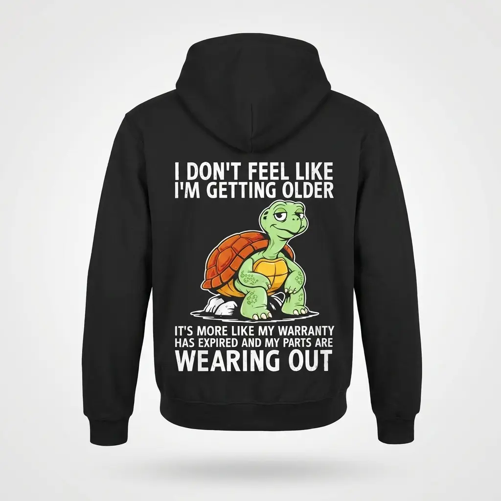 Funny Turtle Warranty Expired Getting Older T-Shirt 2 Back flat lay of a hoodie displaying the humorous aging turtle graphic with warranty expired and wearing out text.