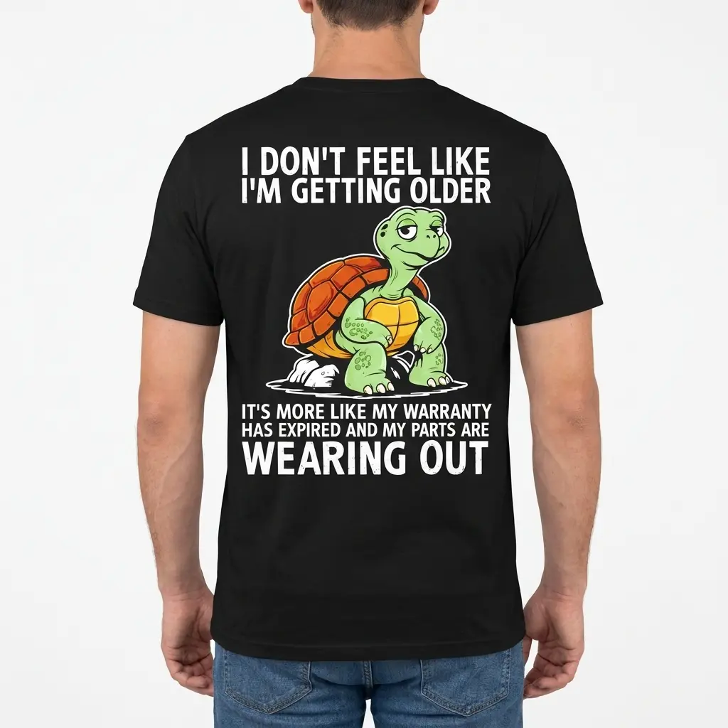 Funny Turtle Warranty Expired Getting Older T-Shirt 4 Back view of a man wearing the black t-shirt printed with the funny turtle and warranty expired quote.