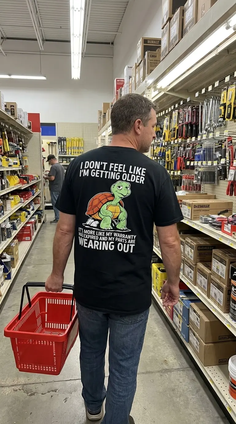 Funny Turtle Warranty Expired Getting Older T-Shirt 5 Lifestyle setting featuring the warranty expired shirt with a tired cartoon turtle and humorous quote about getting older.