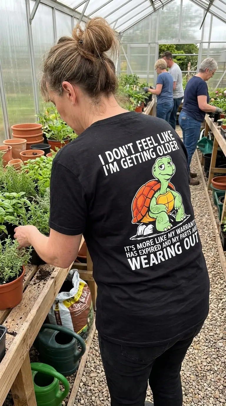 Funny Turtle Warranty Expired Getting Older T-Shirt 6 Casual lifestyle showcase highlighting the funny getting older apparel with a cartoon turtle and warranty expired message.