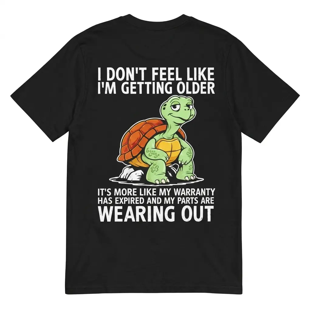 Funny Turtle Warranty Expired Getting Older T-Shirt 1 Back flat lay of a black t-shirt featuring a funny turtle and text reading I Don't Feel Like I'm Getting Older, My Warranty Has Expired.