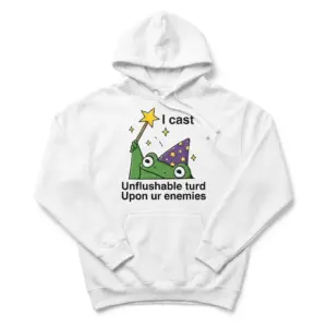 Funny Unflushable Turd Wizard T-Shirt 7 Front flat lay view of a pullover hoodie featuring the funny green wizard frog spell design.