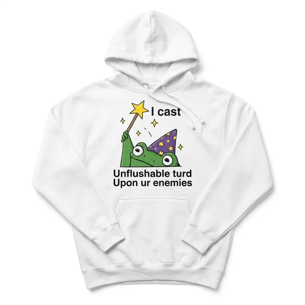 Funny Unflushable Turd Wizard T-Shirt 2 Front flat lay view of a pullover hoodie featuring the funny green wizard frog spell design.