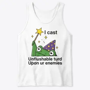 Funny Unflushable Turd Wizard T-Shirt 8 Front flat lay view of a tank top with a green wizard frog holding a star wand and casting a spell.