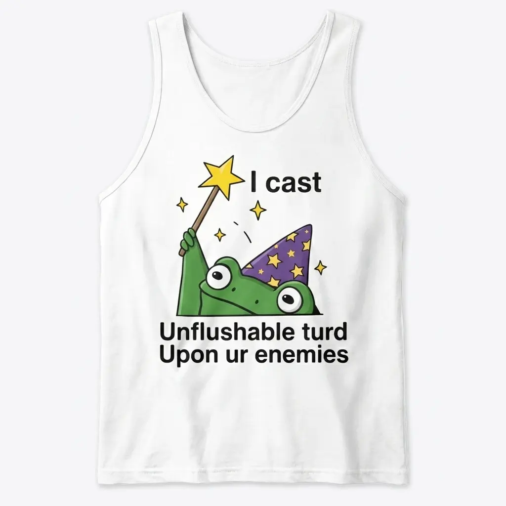 Funny Unflushable Turd Wizard T-Shirt 3 Front flat lay view of a tank top with a green wizard frog holding a star wand and casting a spell.