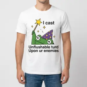 Funny Unflushable Turd Wizard T-Shirt 9 Front view of a man wearing a white funny wizard shirt with a cartoon frog casting a spell.