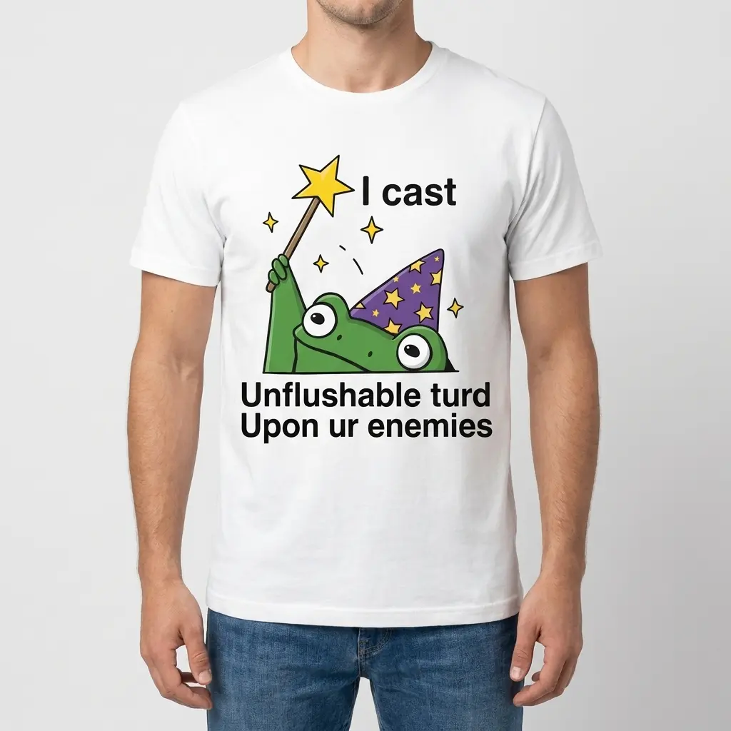 Funny Unflushable Turd Wizard T-Shirt 4 Front view of a man wearing a white funny wizard shirt with a cartoon frog casting a spell.