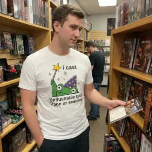 Funny Unflushable Turd Wizard T-Shirt 10 Lifestyle shot of the funny wizard shirt featuring a green frog and the text I cast Unflushable turd Upon ur enemies.