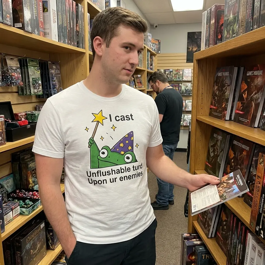 Funny Unflushable Turd Wizard T-Shirt 5 Lifestyle shot of the funny wizard shirt featuring a green frog and the text I cast Unflushable turd Upon ur enemies.