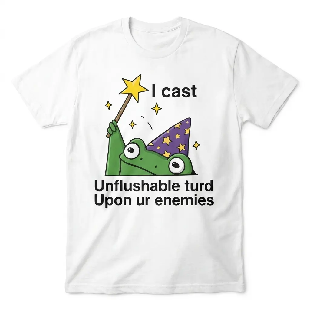 Funny Unflushable Turd Wizard T-Shirt 1 Flat lay of a white t-shirt with a green frog in a purple wizard hat and the text I cast Unflushable turd Upon ur enemies.
