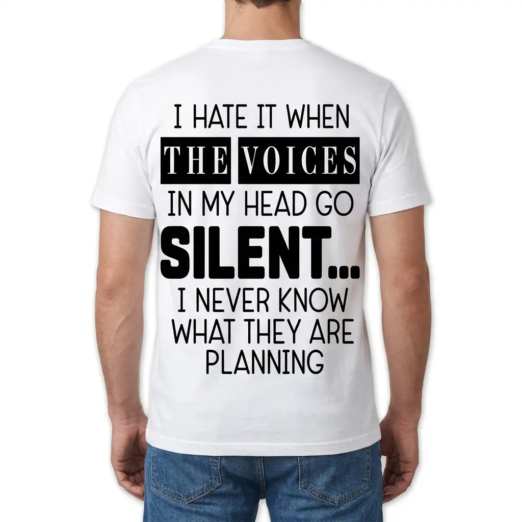 Back view of a man wearing the white voices in my head shirt with bold typography.