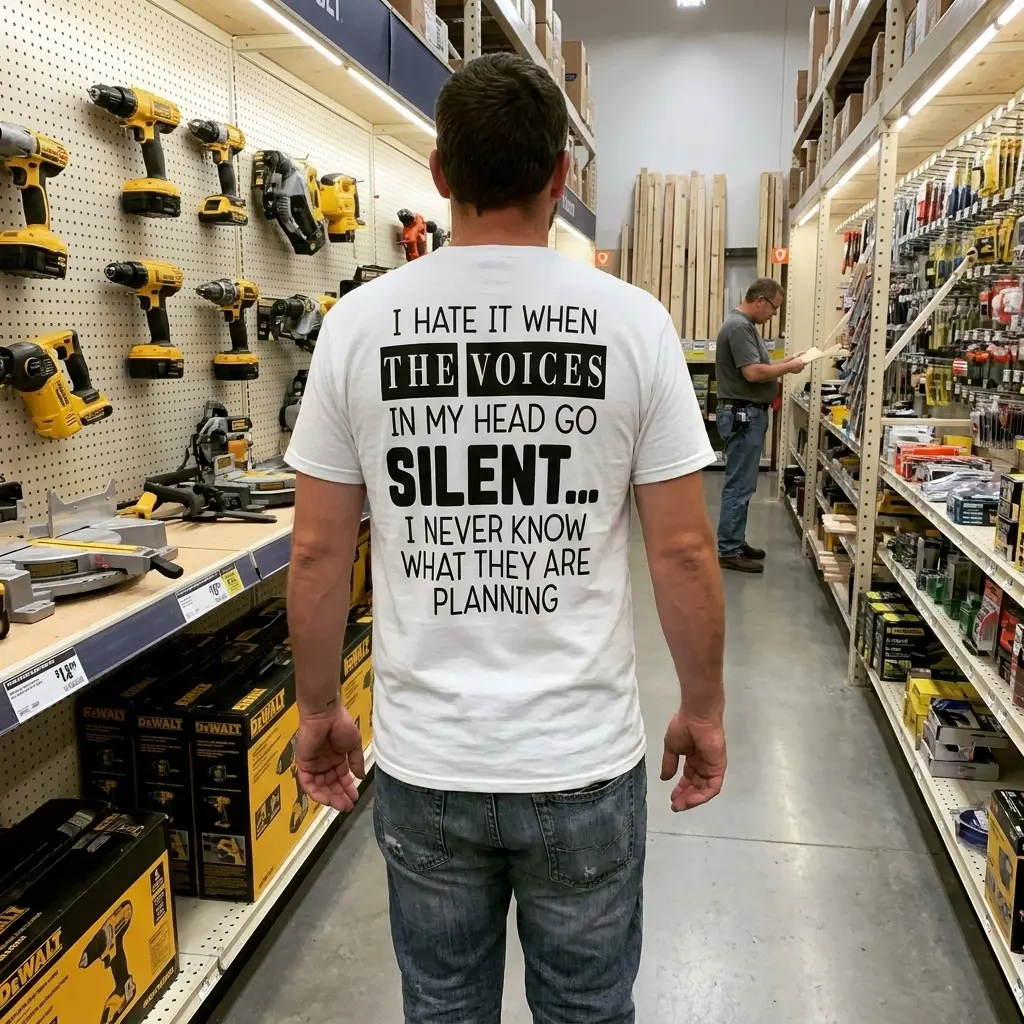 Lifestyle view showcasing the back of the funny voices in my head graphic t-shirt.