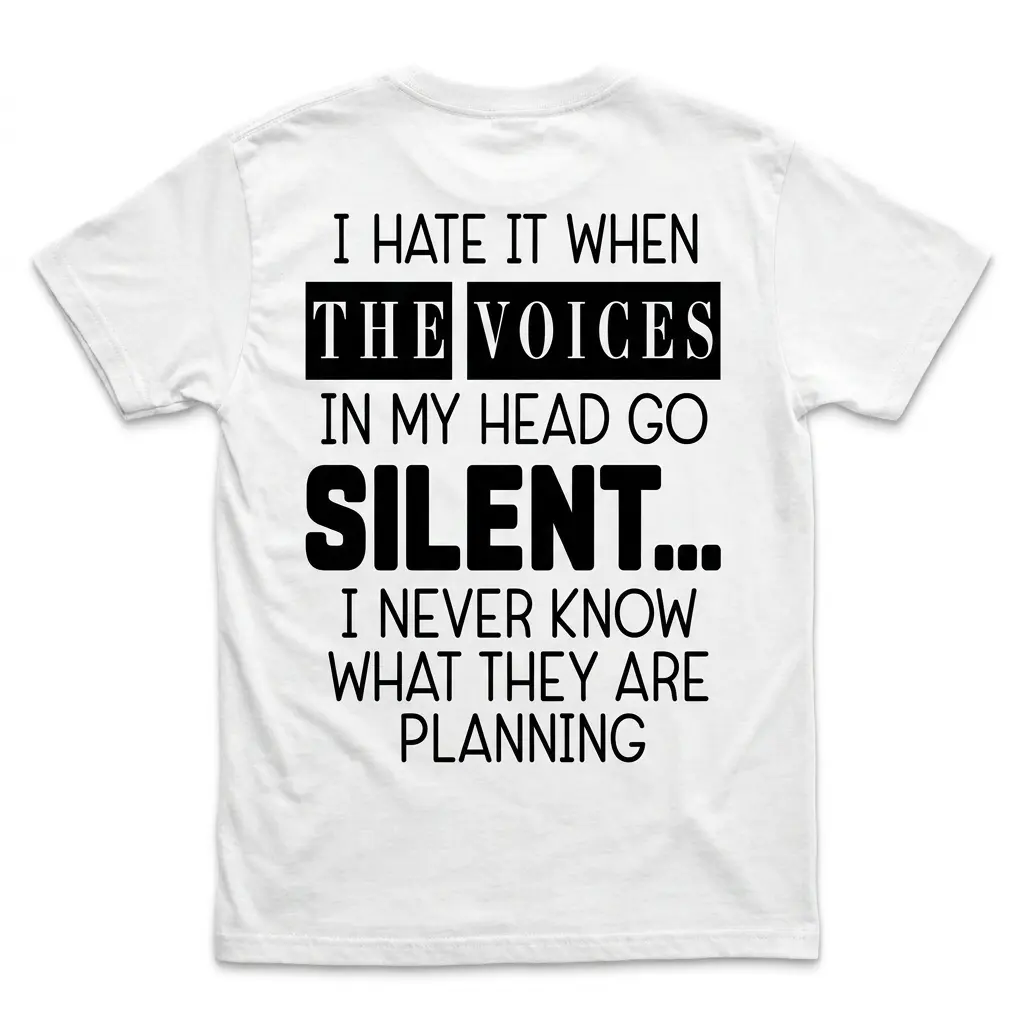 Back view flat lay of a white t-shirt reading I hate it when the voices in my head go silent, I never know what they are planning.