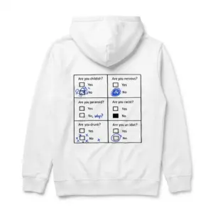 Funny Yes or No Questionnaire T-Shirt 7 Back flat lay of a hoodie displaying a six-question yes-or-no graphic with blue handwritten-style marks.