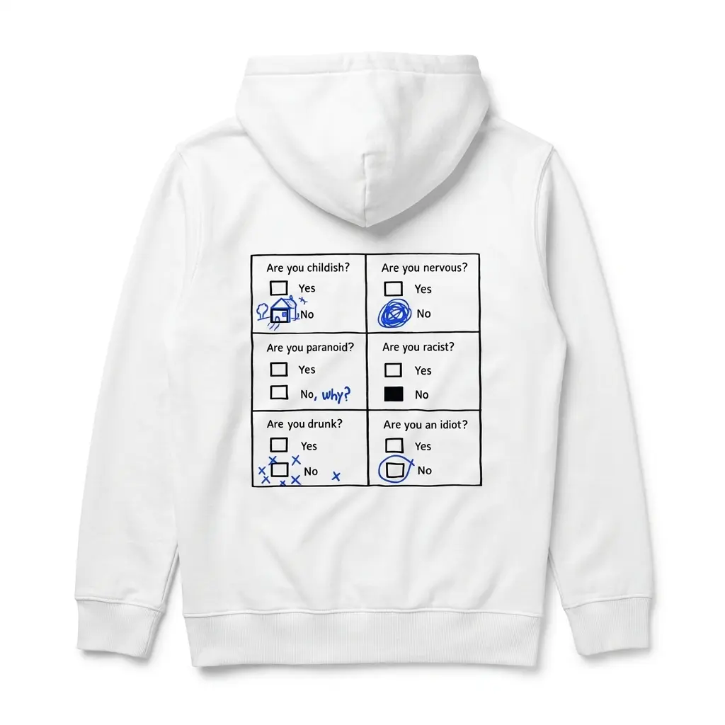 Back flat lay of a hoodie displaying a six-question yes-or-no graphic with blue handwritten-style marks.