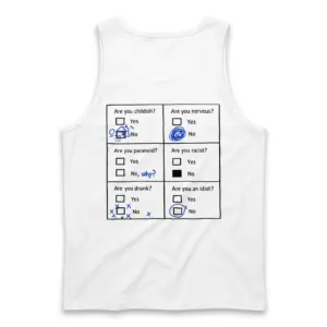 Funny Yes or No Questionnaire T-Shirt 8 Back flat lay of a tank top featuring a six-question yes-or-no graphic with blue handwritten-style marks.