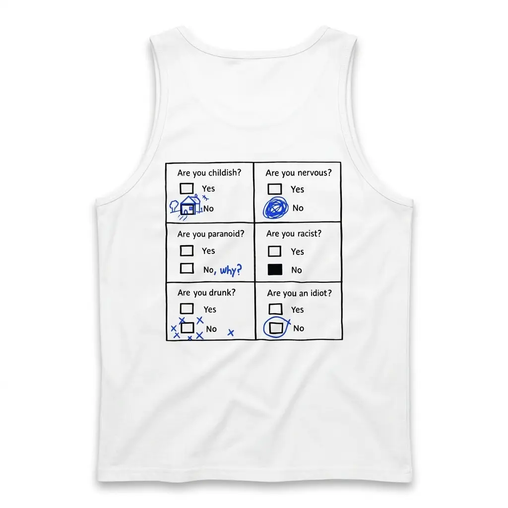 Back flat lay of a tank top featuring a six-question yes-or-no graphic with blue handwritten-style marks.