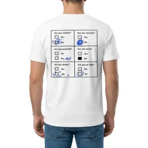 Funny Yes or No Questionnaire T-Shirt 9 Man wearing the T-shirt from the back, showing its six-question yes-or-no graphic and blue marks.