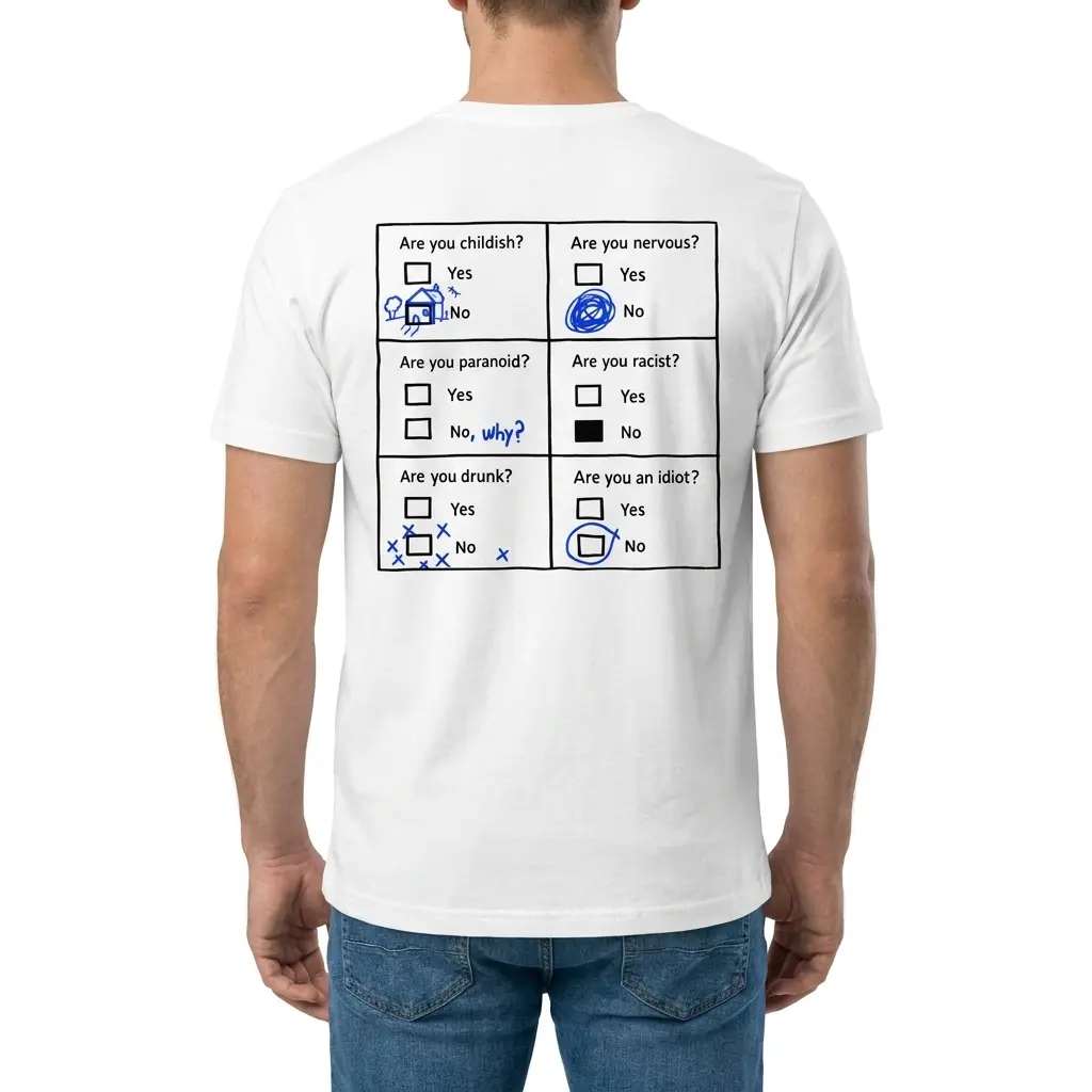 Man wearing the T-shirt from the back, showing its six-question yes-or-no graphic and blue marks.