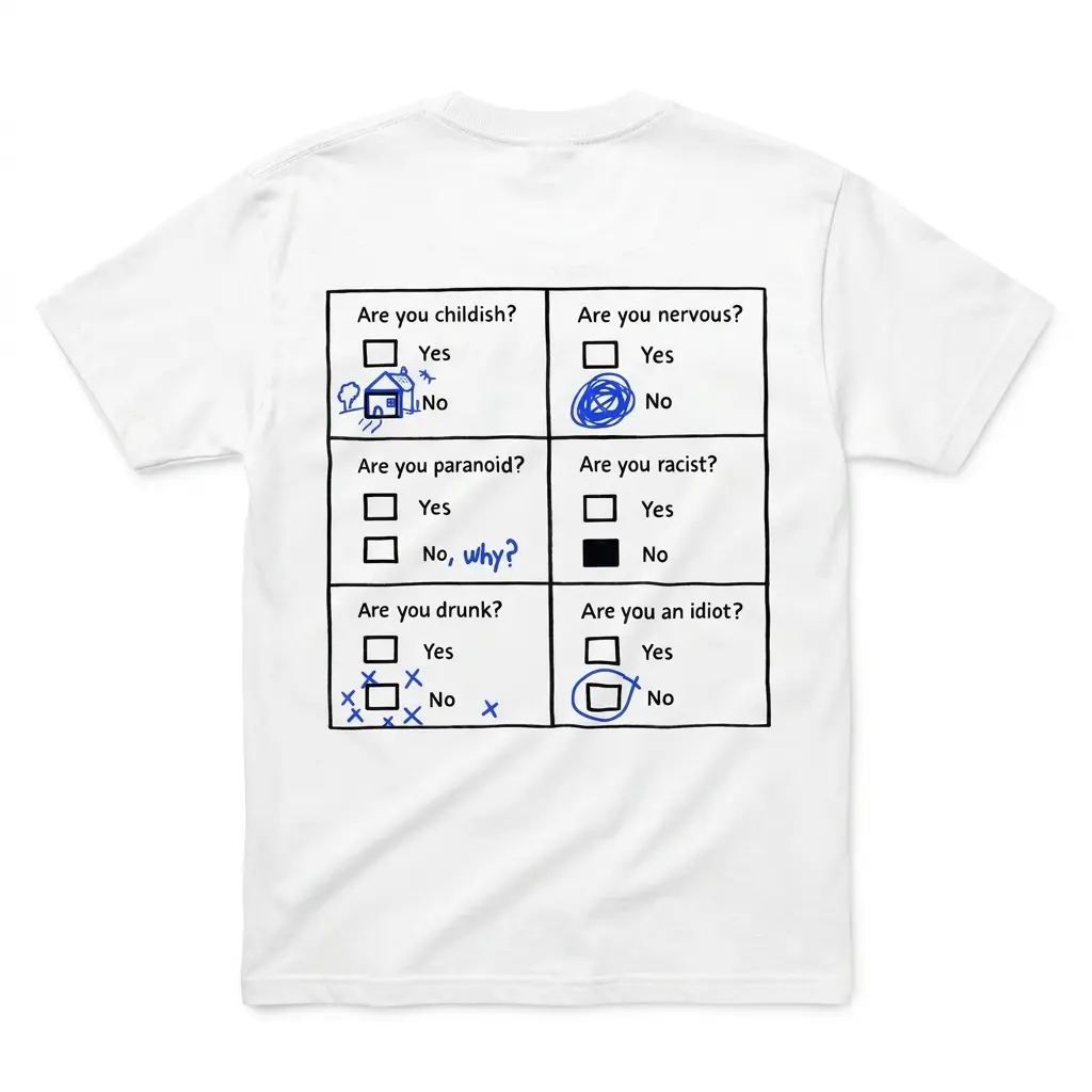 Back flat lay of a T-shirt with a six-question yes-or-no graphic and blue handwritten-style marks.
