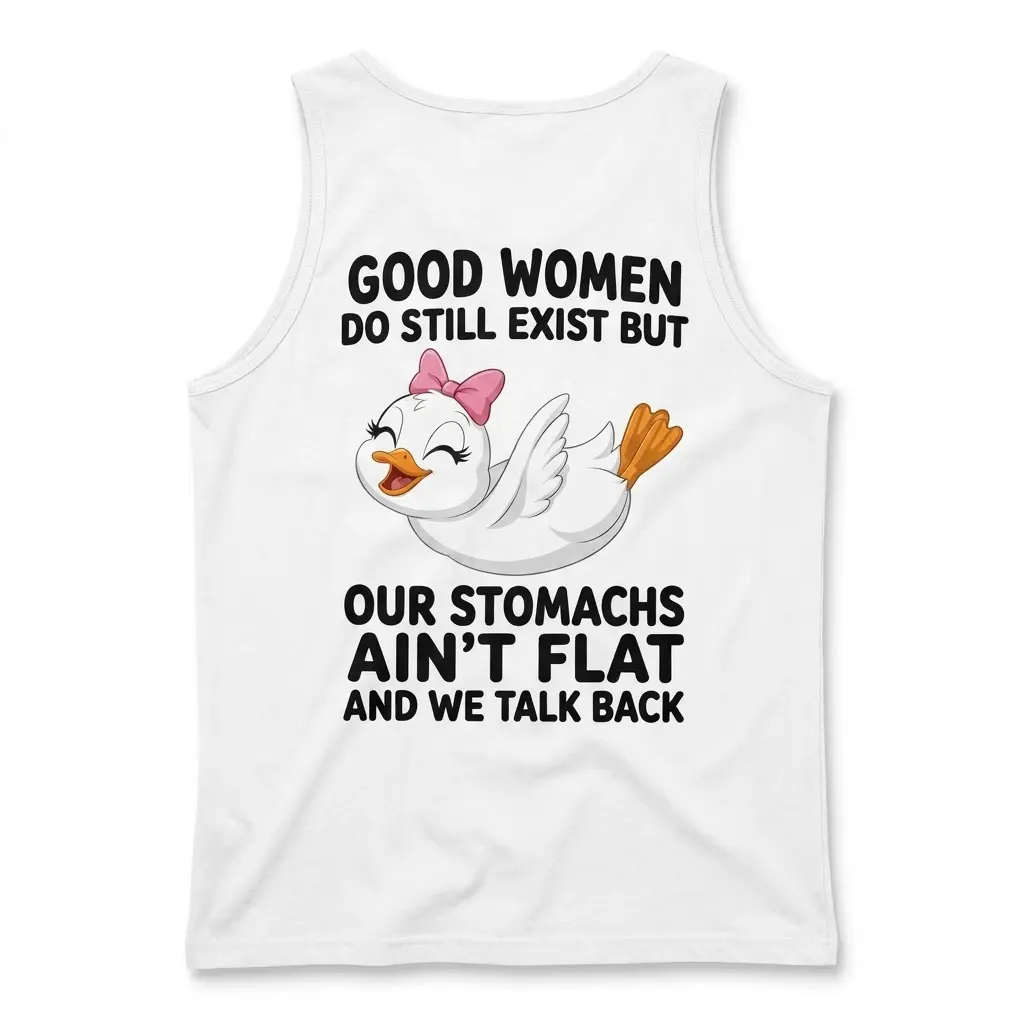 Back flat lay of a tank top printed with the sassy Good Women Still Exist duck illustration and text.