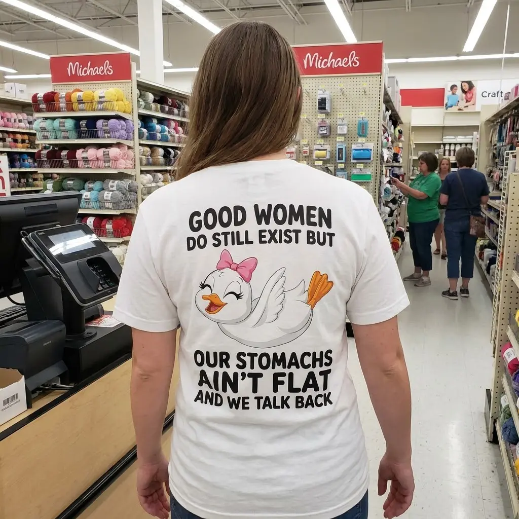 Lifestyle setting showcasing the back of the Good Women Still Exist graphic t-shirt.