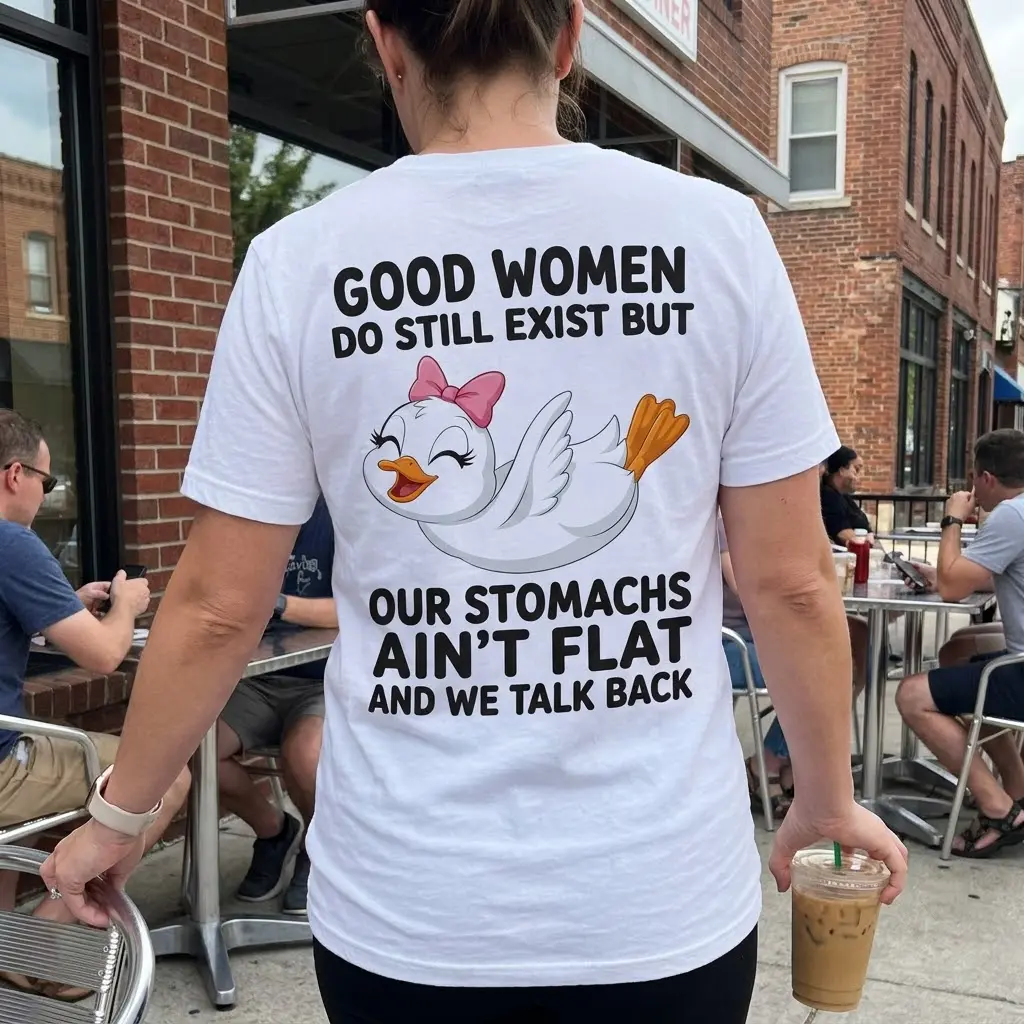 Casual lifestyle view displaying the back print of the sarcastic duck Good Women Still Exist shirt.